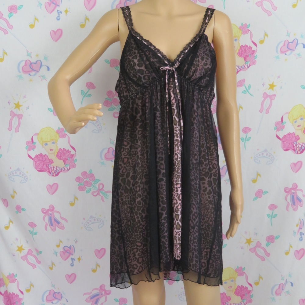 Large Nightgown Pink Leopard Black Mesh Sexy Cute